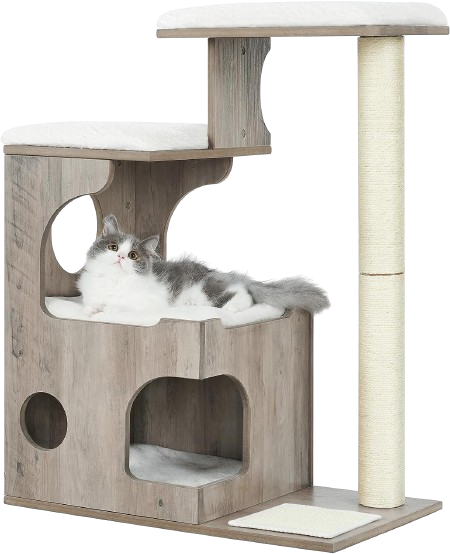 Feandrea WoodyWonders Cat Tree, 33.9-Inch Modern Cat Tower, Cat Condo with 3 Perches, Scratching Post and Mat, Cave, 4 Removable Washable Cushions, Greige and White