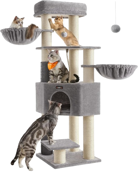 Feandrea Cat Tree for Large Cats, 63-Inch Heavy-Duty Cat Tower with Self-Warming Pads, 2 Self-Groomers, 9 Scratching Posts, Large Perch, Cave, and Baskets, Dove Gray and Cream White