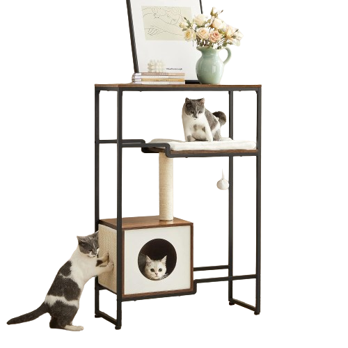 FEANDREA Cat Tree, Cat Tower, 2-in-1 Modern Cat Furniture with Storage Shelf, Space Saving Cat Condo, Rustic Brown